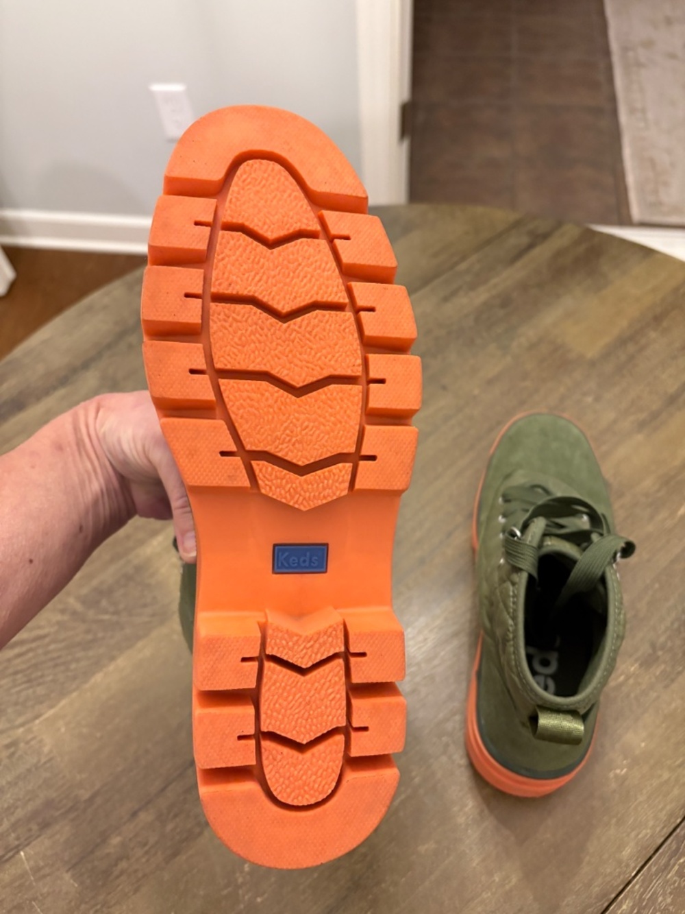 Keds Combat Boots Quilted Nylon Army Green with Coral Soles Women's 8.5 - Picture 8 of 9